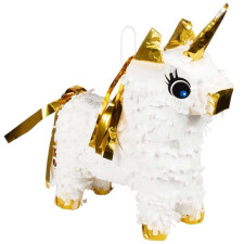 Petite pinata en forme de licorne blanche et dorée