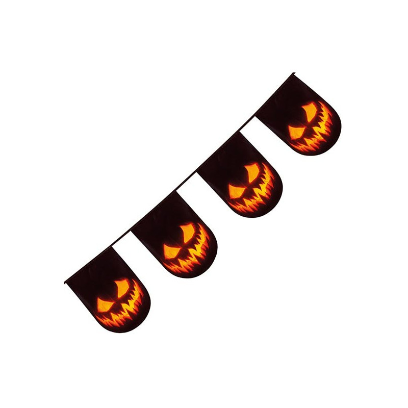 Guirlande décorée avec des citrouilles maléfiques effrayantes idéal pour une déco d'Halloween Guirlande décorée avec des citrouilles maléfiques effrayantes idéal pour une déco d'Halloween