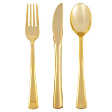 Couverts dorés en plastique réutilisable pour évènement festif